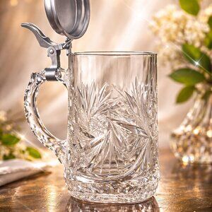 German 24% Lead Crystal Stein w/ Pewter Lid – Nachtmann Attributed – NWOT